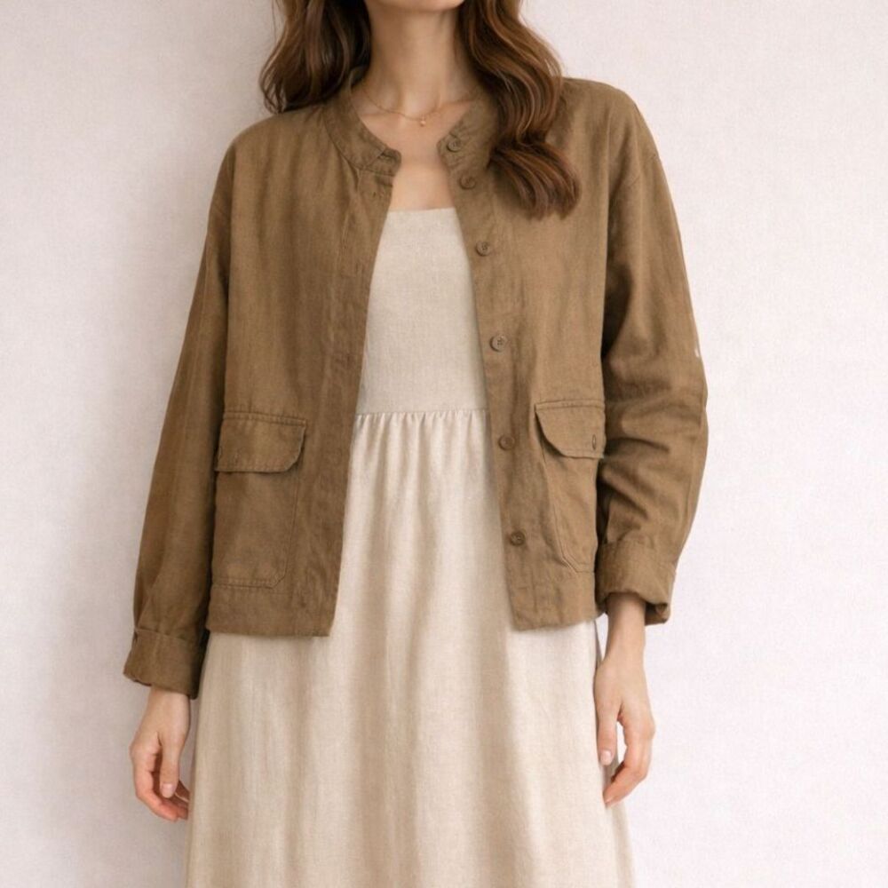 Nicole Miller Utility Jacket Brown Cotton Snap Front Women’s Large Lagenlook